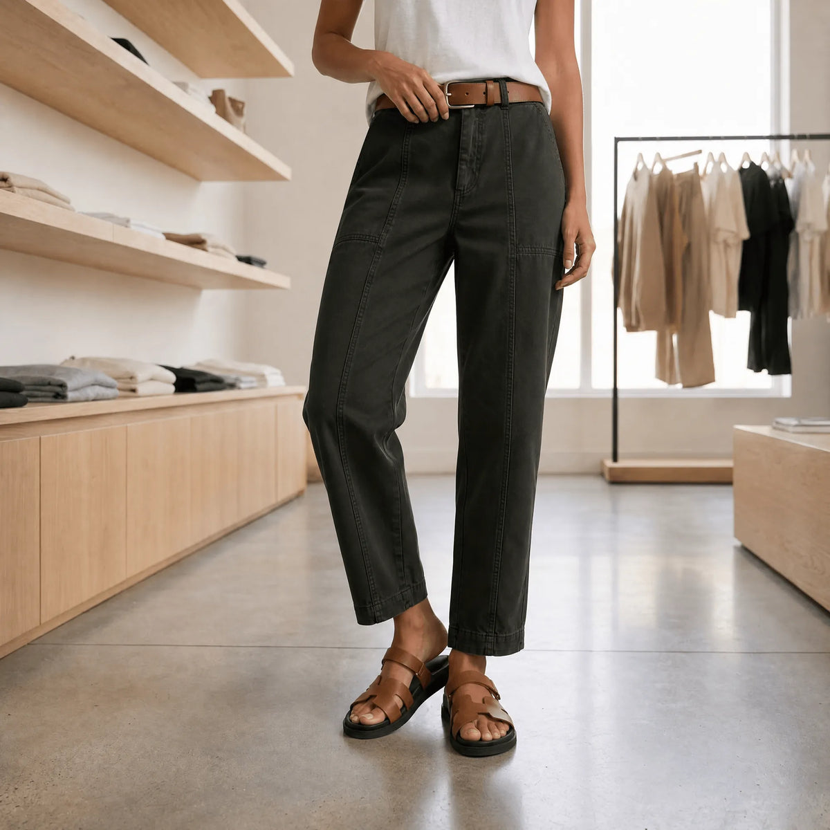 Women's High-Waisted Utility Pants with Tapered Leg & Ruched Ankle Cuff