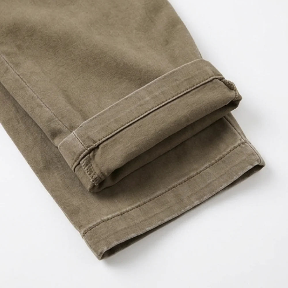 Women's High-Waisted Utility Pants with Tapered Leg & Ruched Ankle Cuff - Khaki Cuff Roll Detail