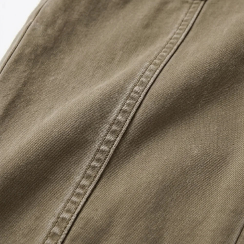 Women's High-Waisted Utility Pants with Tapered Leg & Ruched Ankle Cuff - Khaki Fabric Seam Closeup