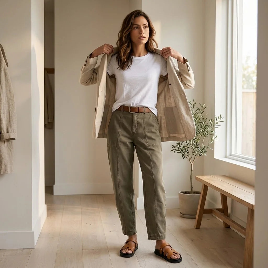 Women's High-Waisted Utility Pants with Tapered Leg & Ruched Ankle Cuff - Khaki Jacket Styling Pose