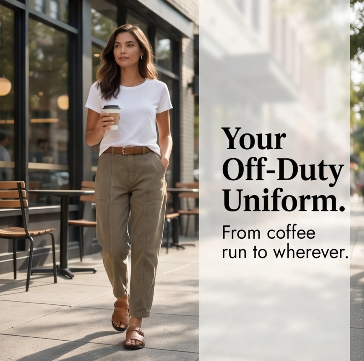 Women's High-Waisted Utility Pants with Tapered Leg & Ruched Ankle Cuff - Khaki Lifestyle Ad Walking