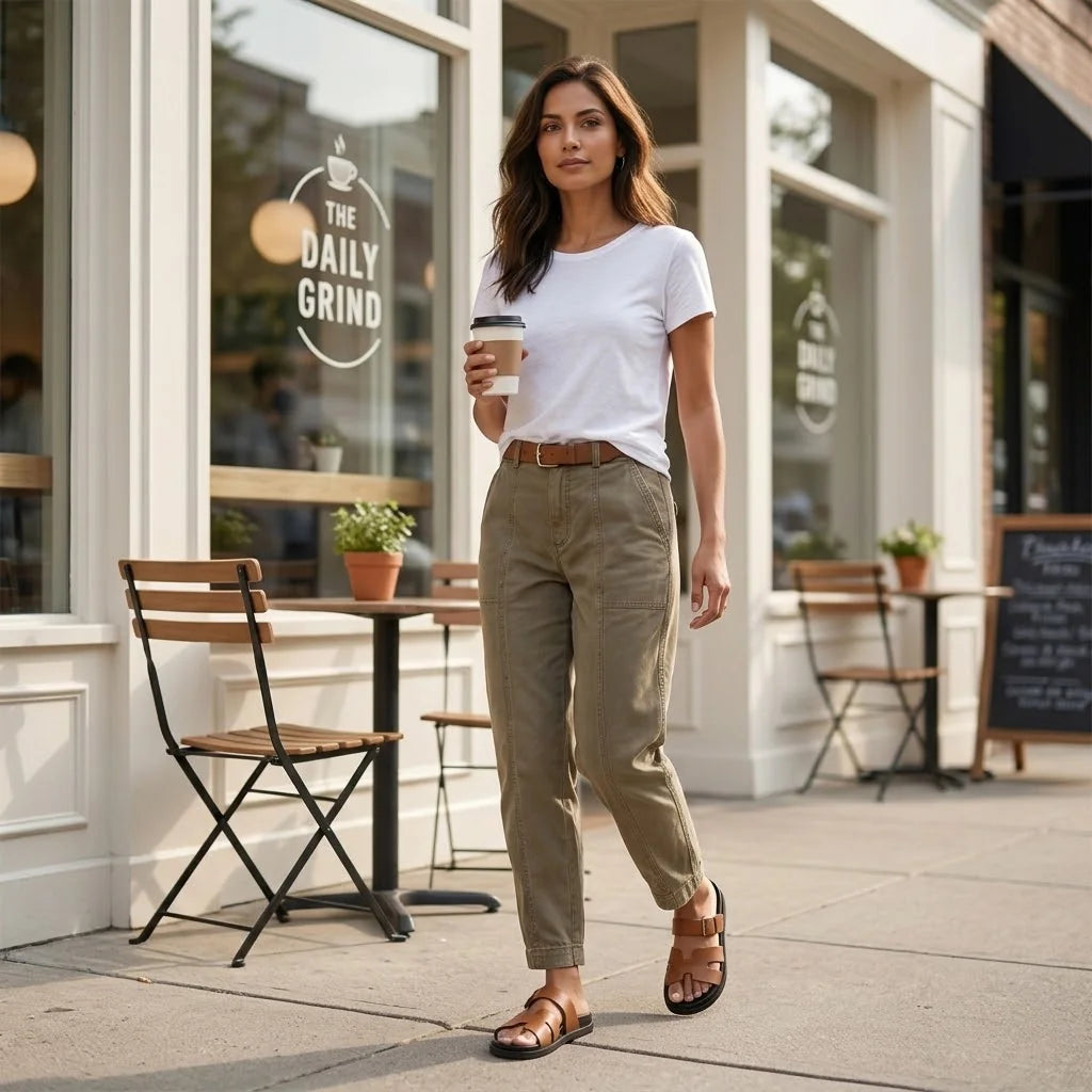 Women's High-Waisted Utility Pants with Tapered Leg & Ruched Ankle Cuff - Khaki Model Walking Street