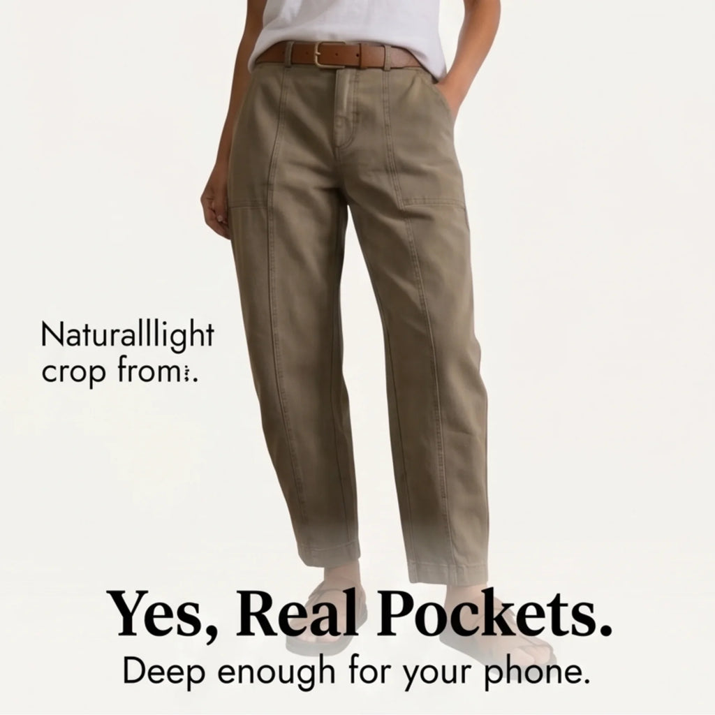 Women's High-Waisted Utility Pants with Tapered Leg & Ruched Ankle Cuff - Khaki Pocket Detail Closeup