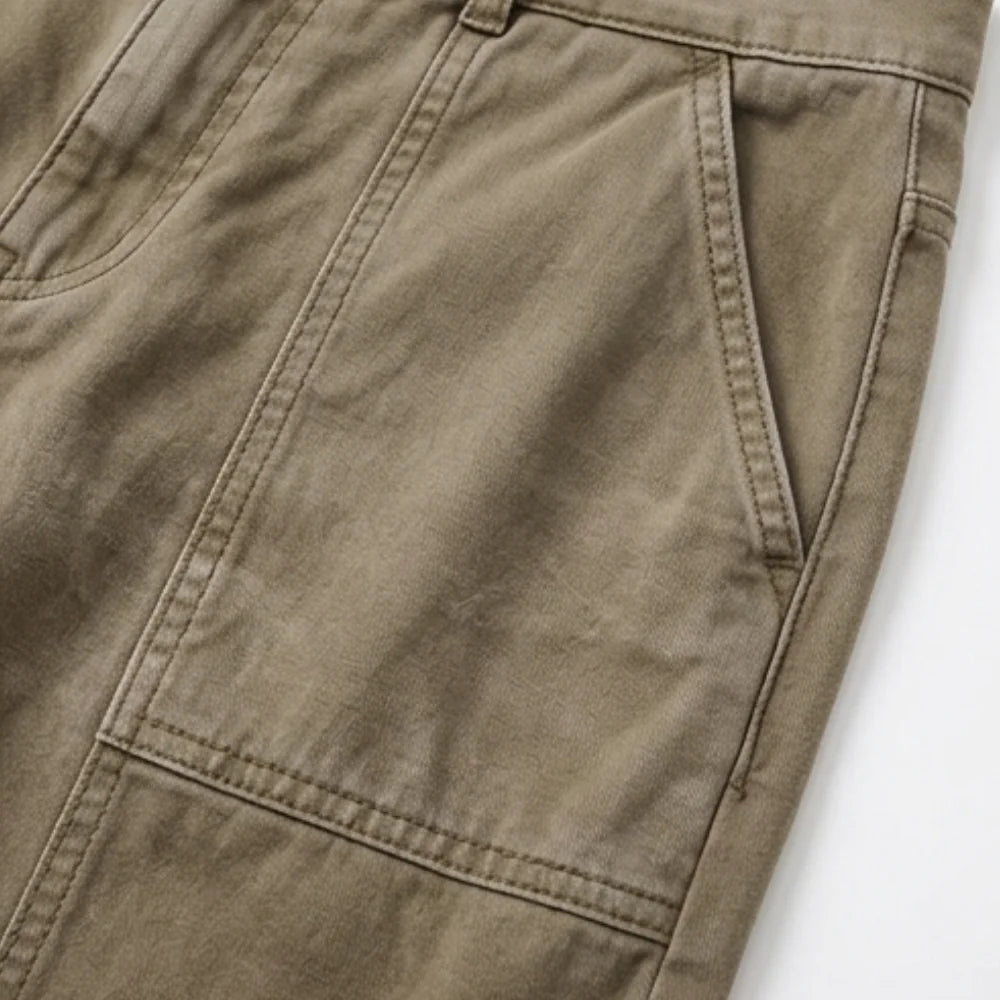 Women's High-Waisted Utility Pants with Tapered Leg & Ruched Ankle Cuff - Khaki Pocket Stitching Detail