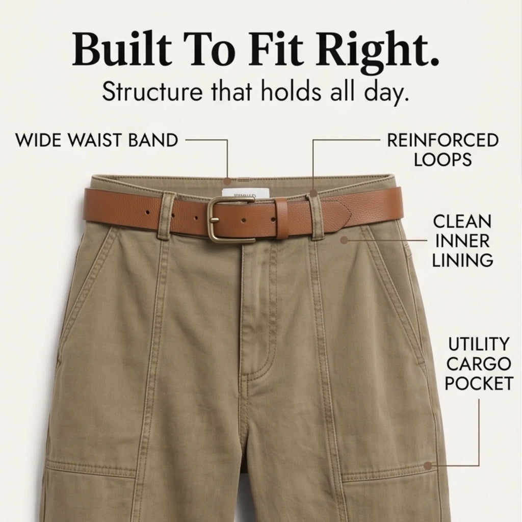 Women's High-Waisted Utility Pants with Tapered Leg & Ruched Ankle Cuff - Khaki Waistband Belt Detail