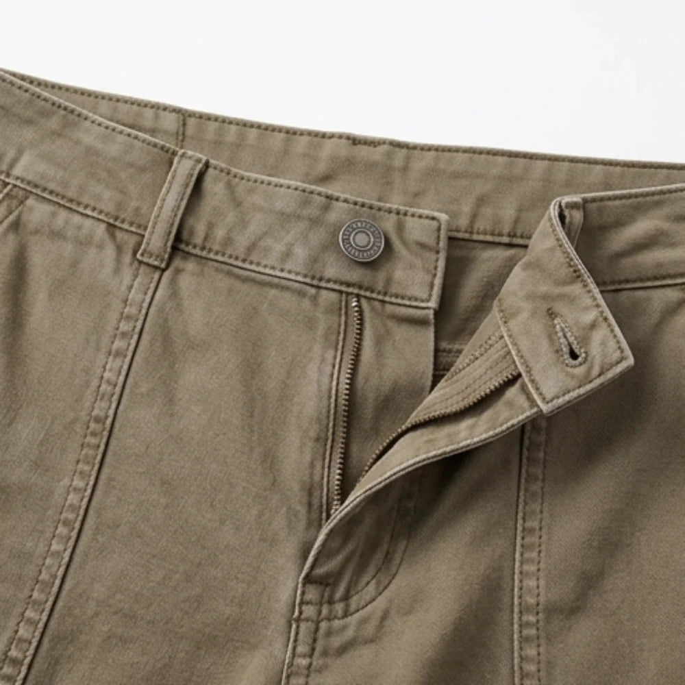 Women's High-Waisted Utility Pants with Tapered Leg & Ruched Ankle Cuff - Khaki Zipper Button Detail