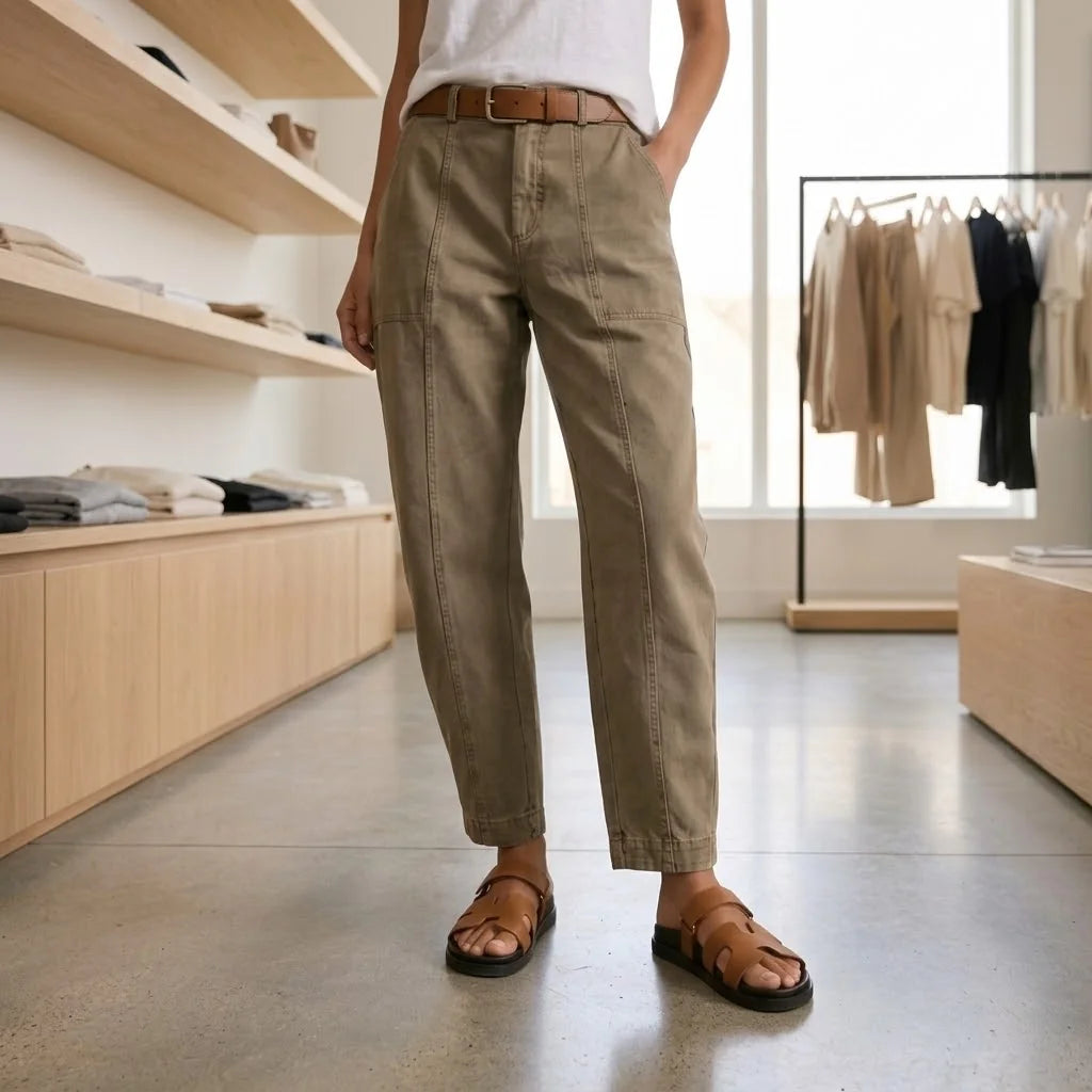 Warm Khaki Women's High-Waisted Utility Pants with Tapered Leg & Ruched Ankle Cuff