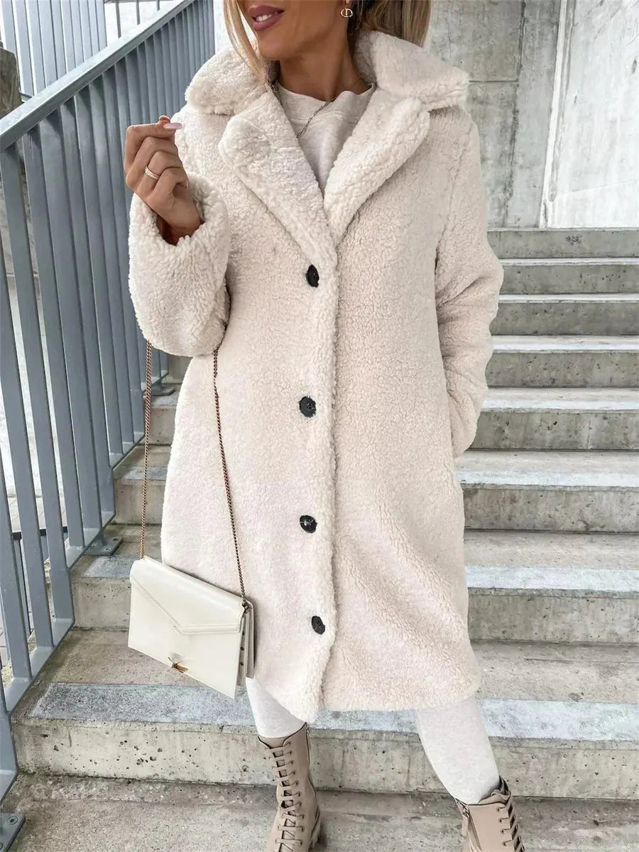 Beige Women's Coat with Notched Collar & Slim Longline Fit — Rhiannon - Close Up Buttons