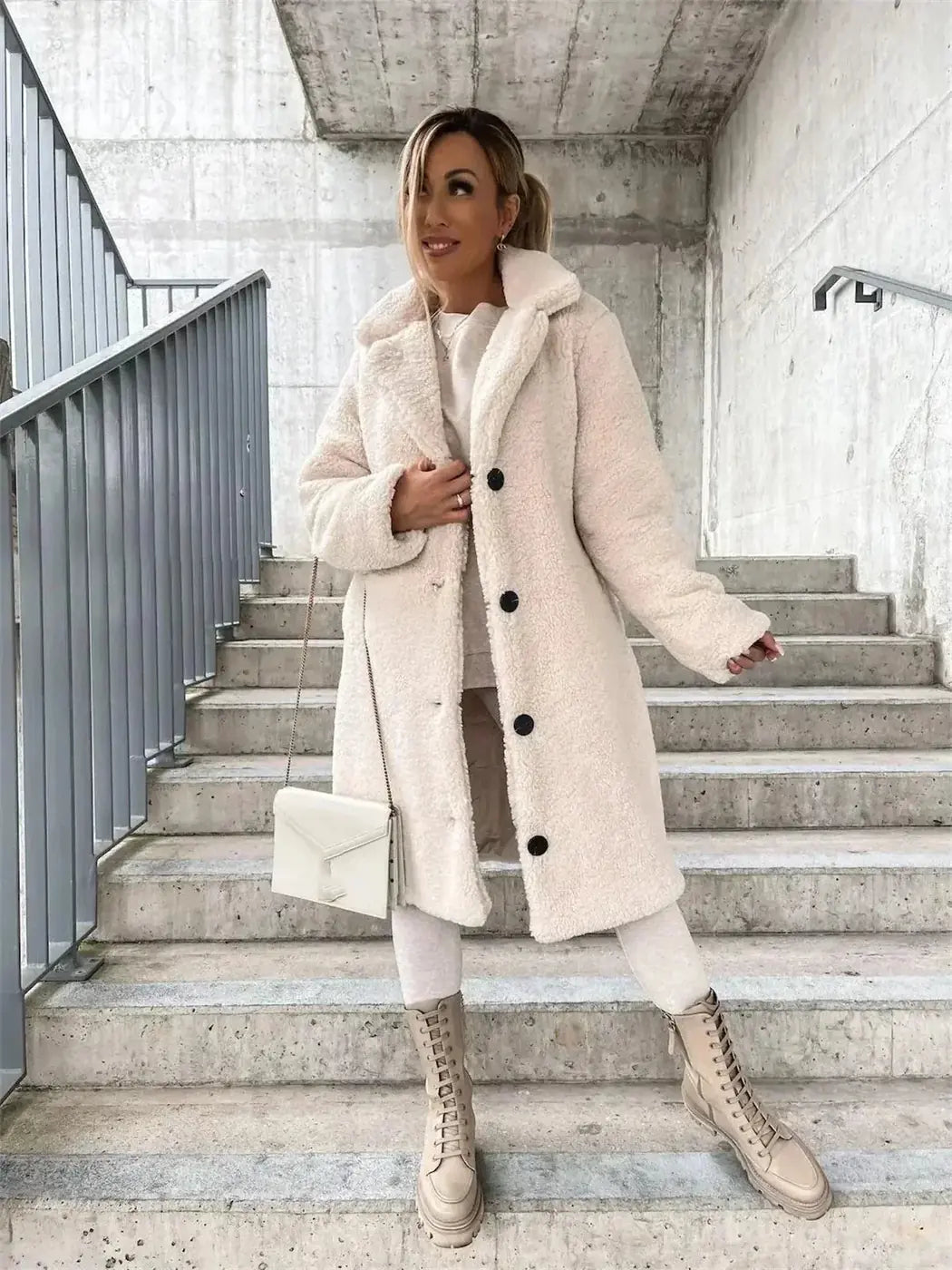 Beige Women's Coat with Notched Collar & Slim Longline Fit — Rhiannon