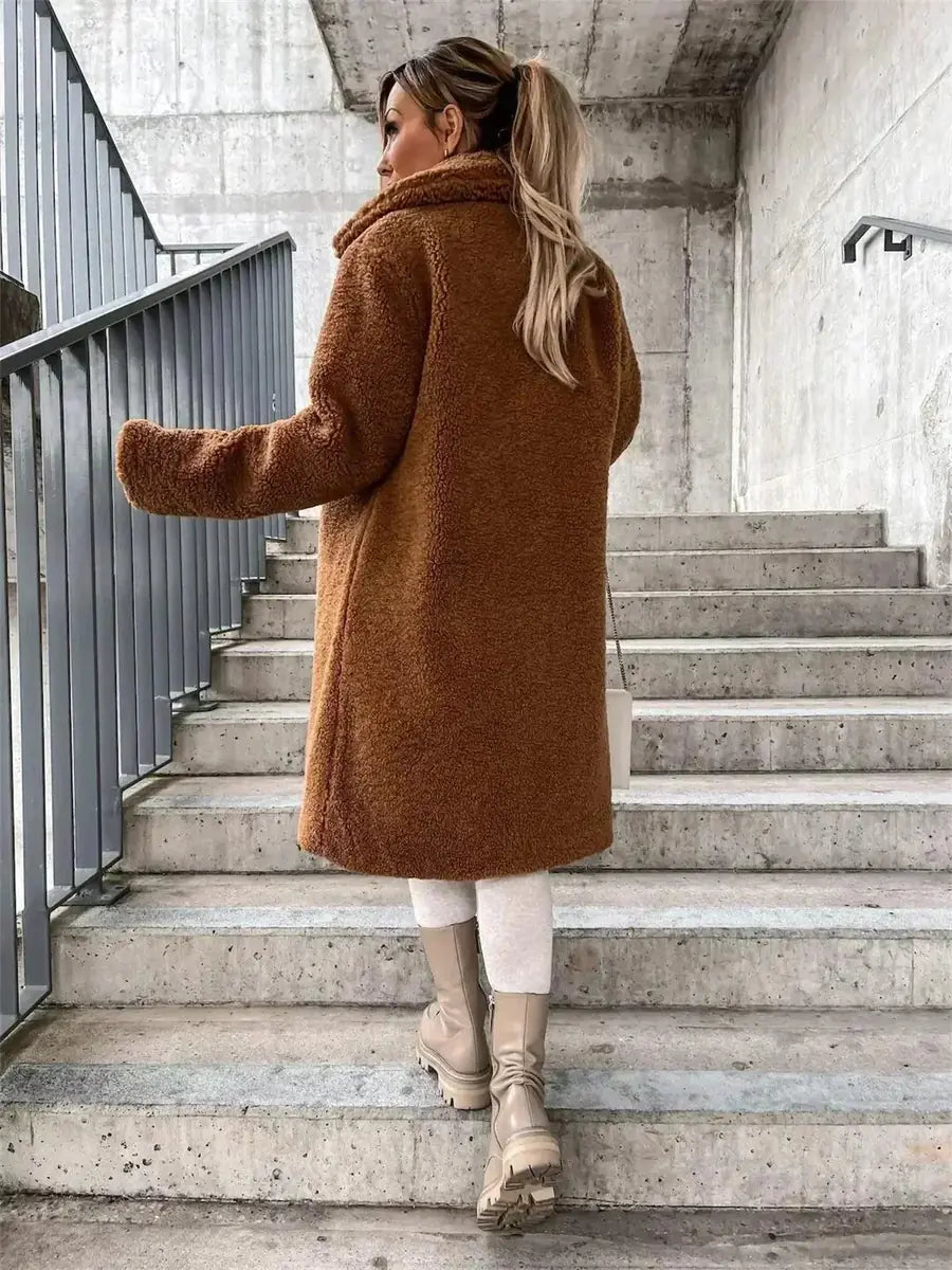 Brown Women's Coat with Notched Collar & Slim Longline Fit — Rhiannon - Back Full