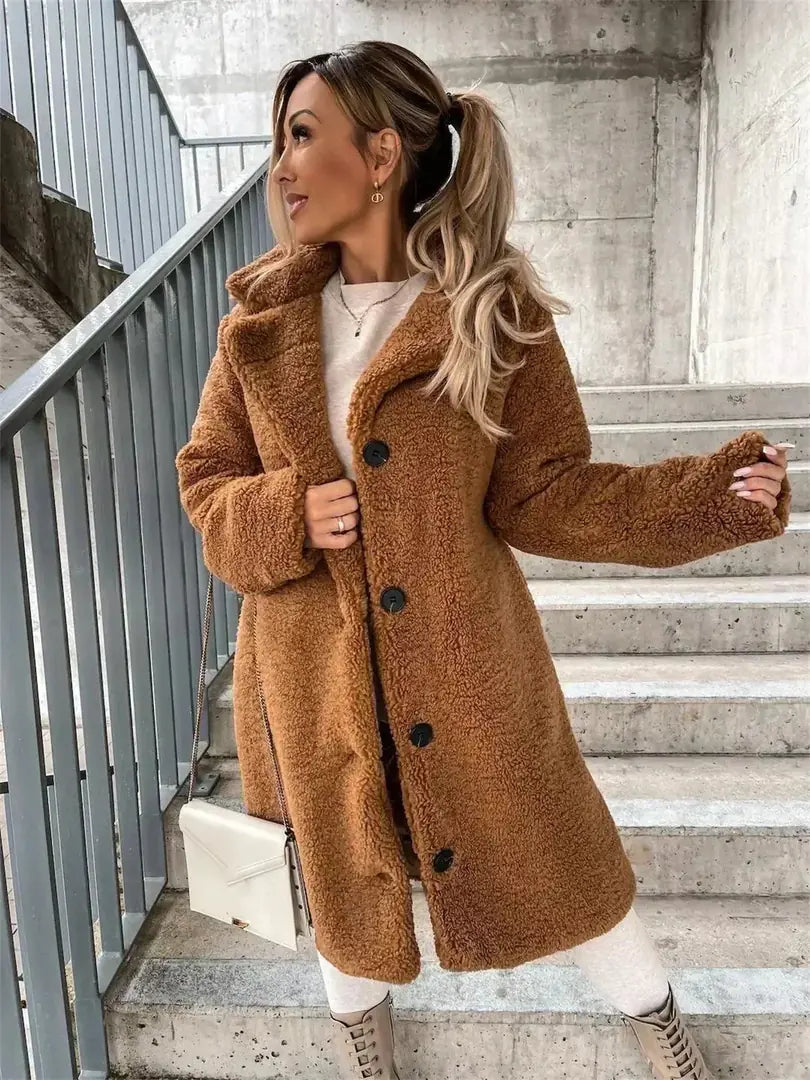 Brown Women's Coat with Notched Collar & Slim Longline Fit — Rhiannon