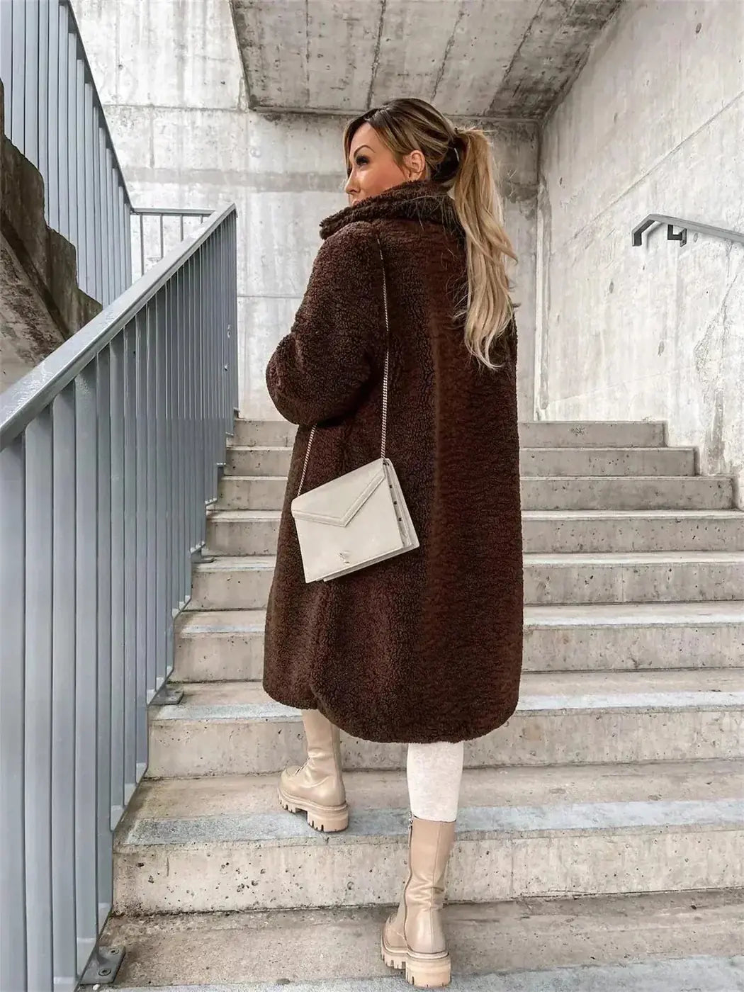 Dark Brown Women's Coat with Notched Collar & Slim Longline Fit — Rhiannon - Back Walking