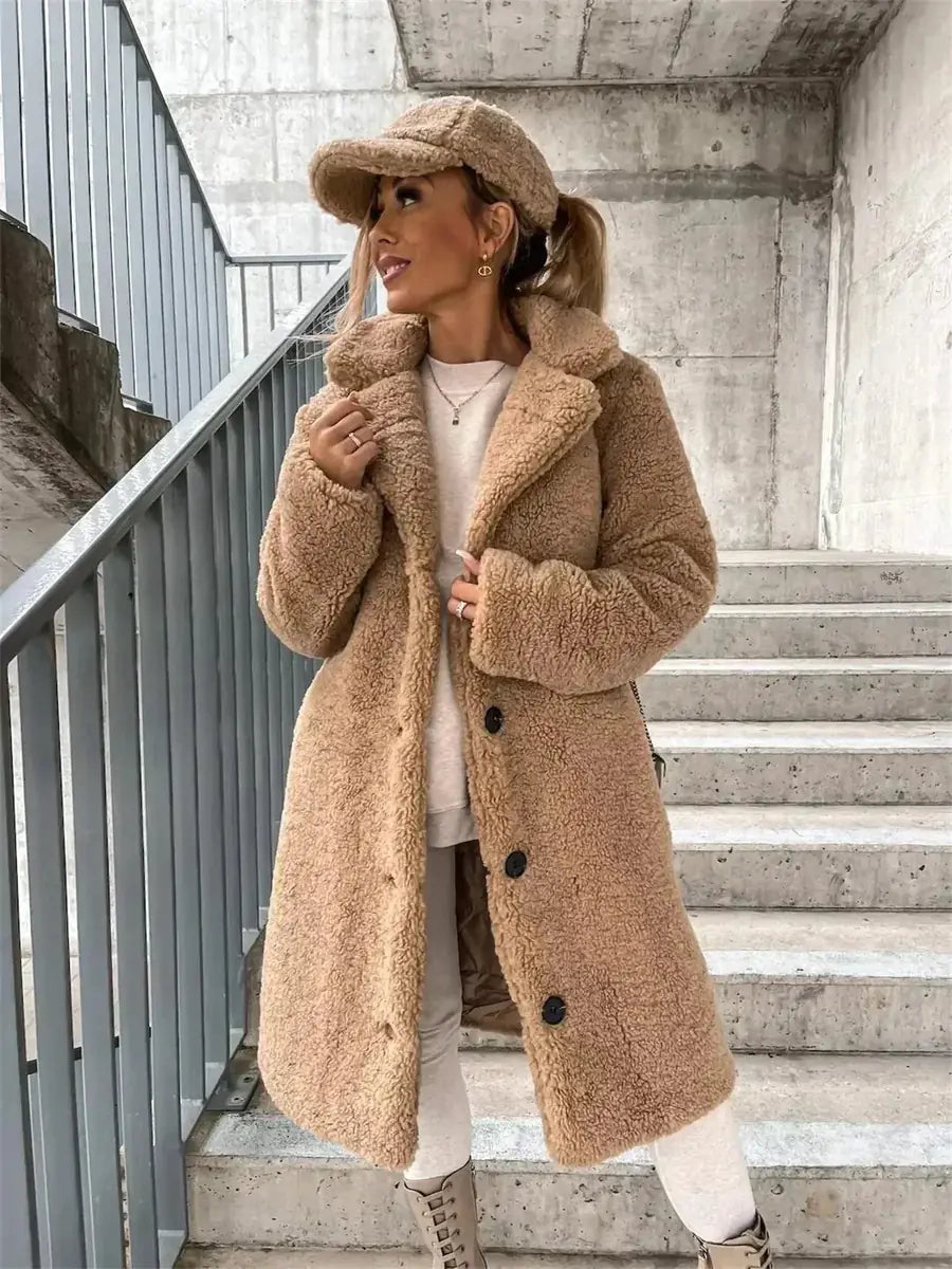 Light Brown Women's Coat with Notched Collar & Slim Longline Fit — Rhiannon - Front Full