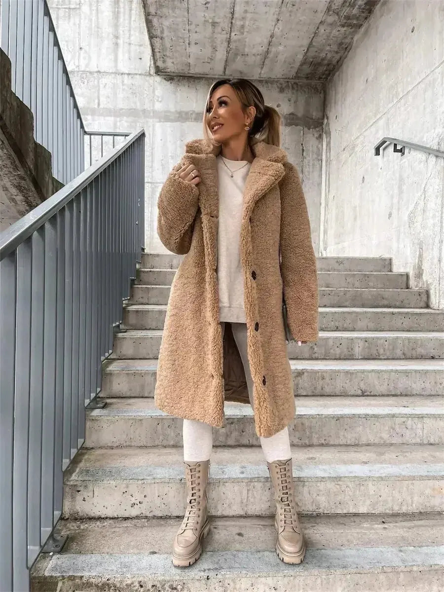 Light Brown Women's Coat with Notched Collar & Slim Longline Fit — Rhiannon - Worn Lifestyle