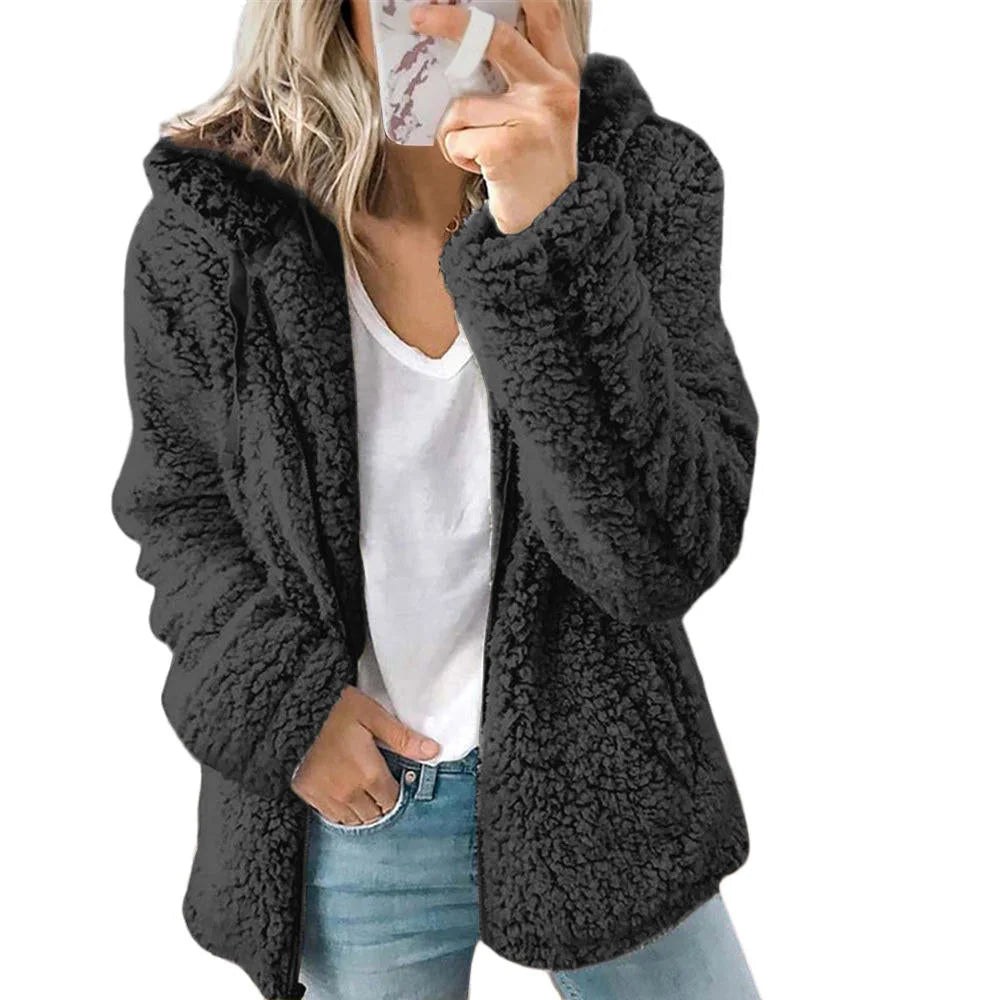 Black Women's Teddy Fleece Jacket with Zip Front & Relaxed Fit