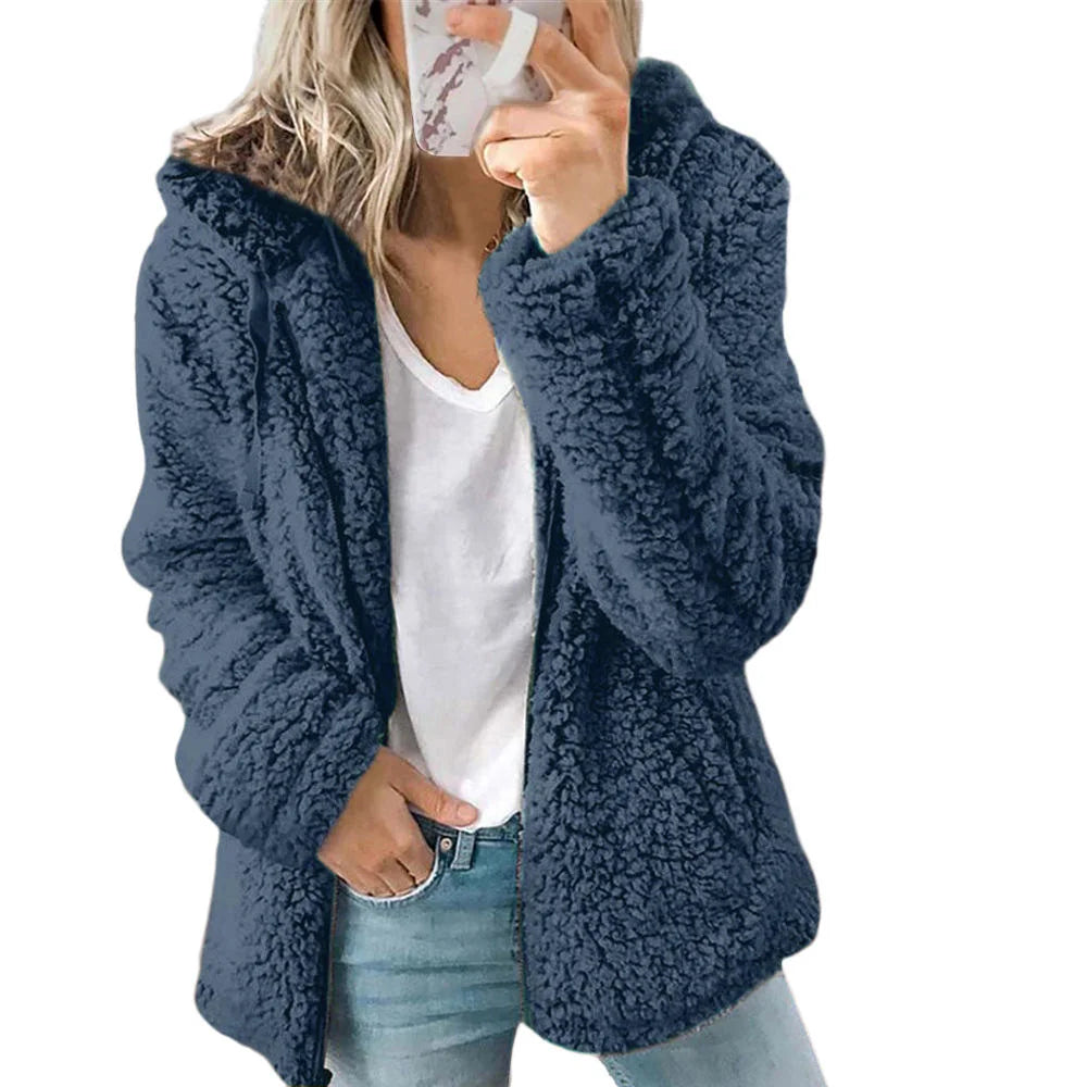 Blue Women's Teddy Fleece Jacket with Zip Front & Relaxed Fit