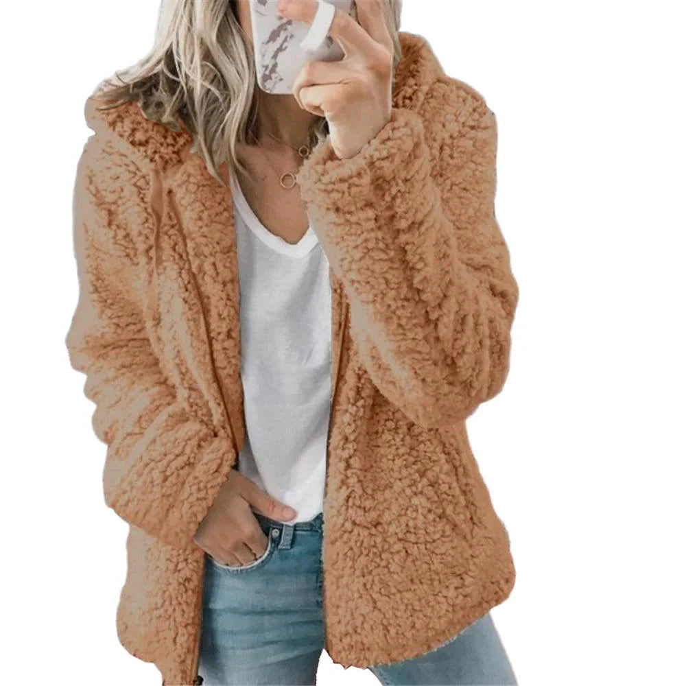Brown Women's Teddy Fleece Jacket with Zip Front & Relaxed Fit
