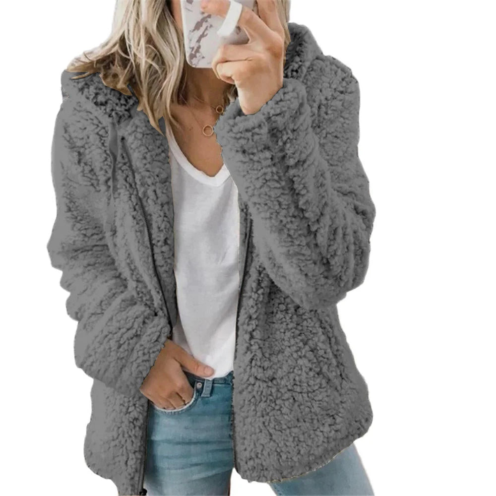 Grey Women's Teddy Fleece Jacket with Zip Front & Relaxed Fit