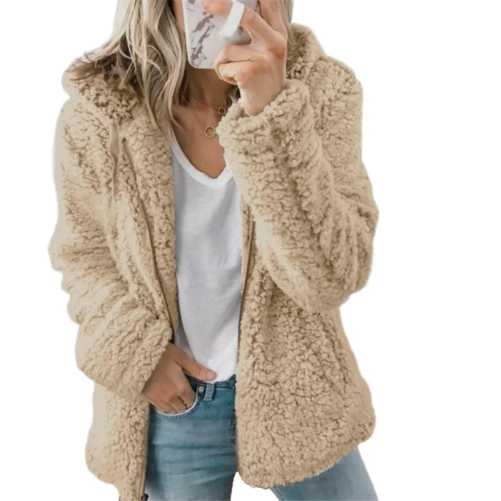 Khaki Women's Teddy Fleece Jacket with Zip Front & Relaxed Fit