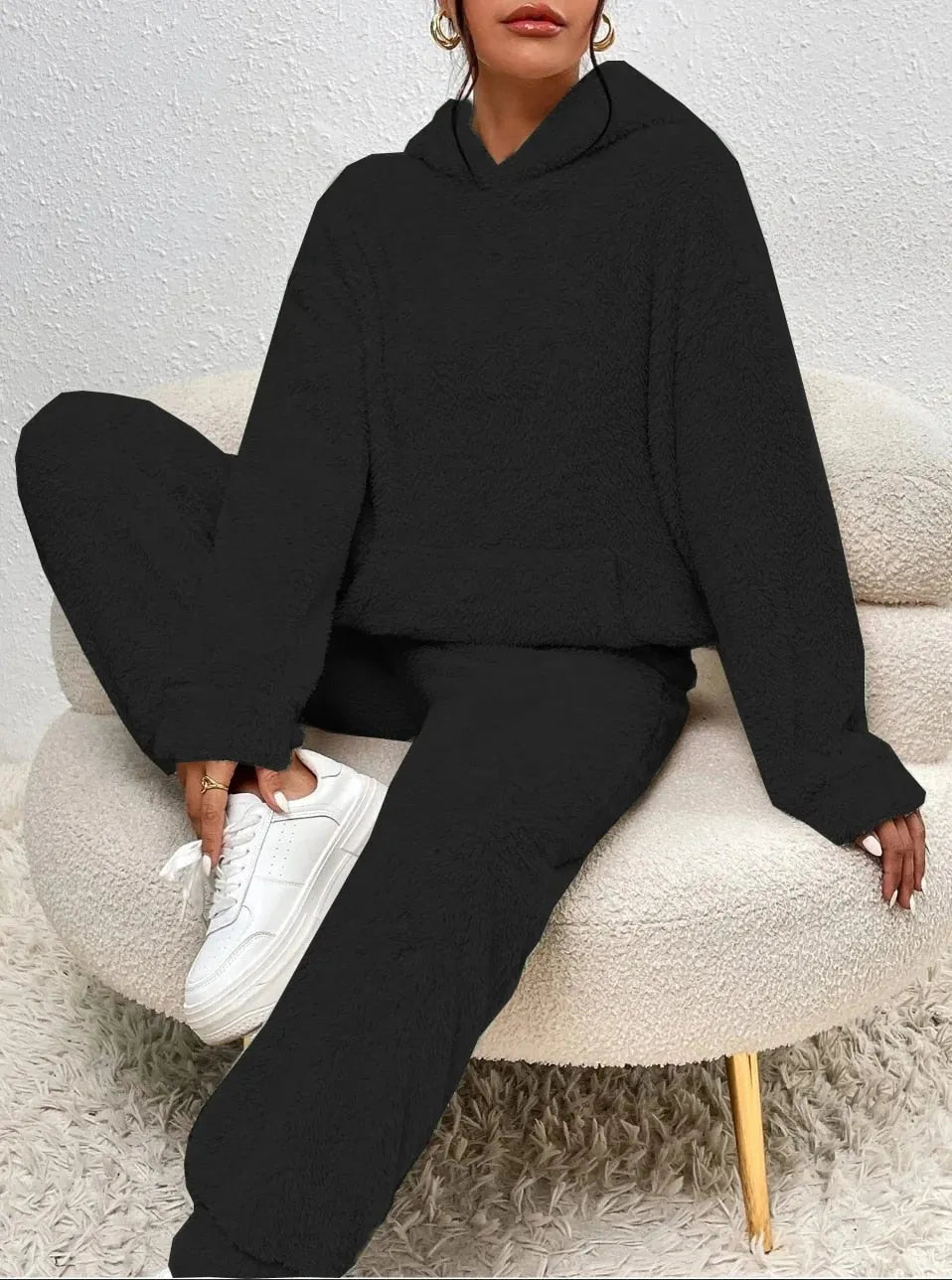 Black Women's Tracksuit with Hooded Pullover & Relaxed Fit