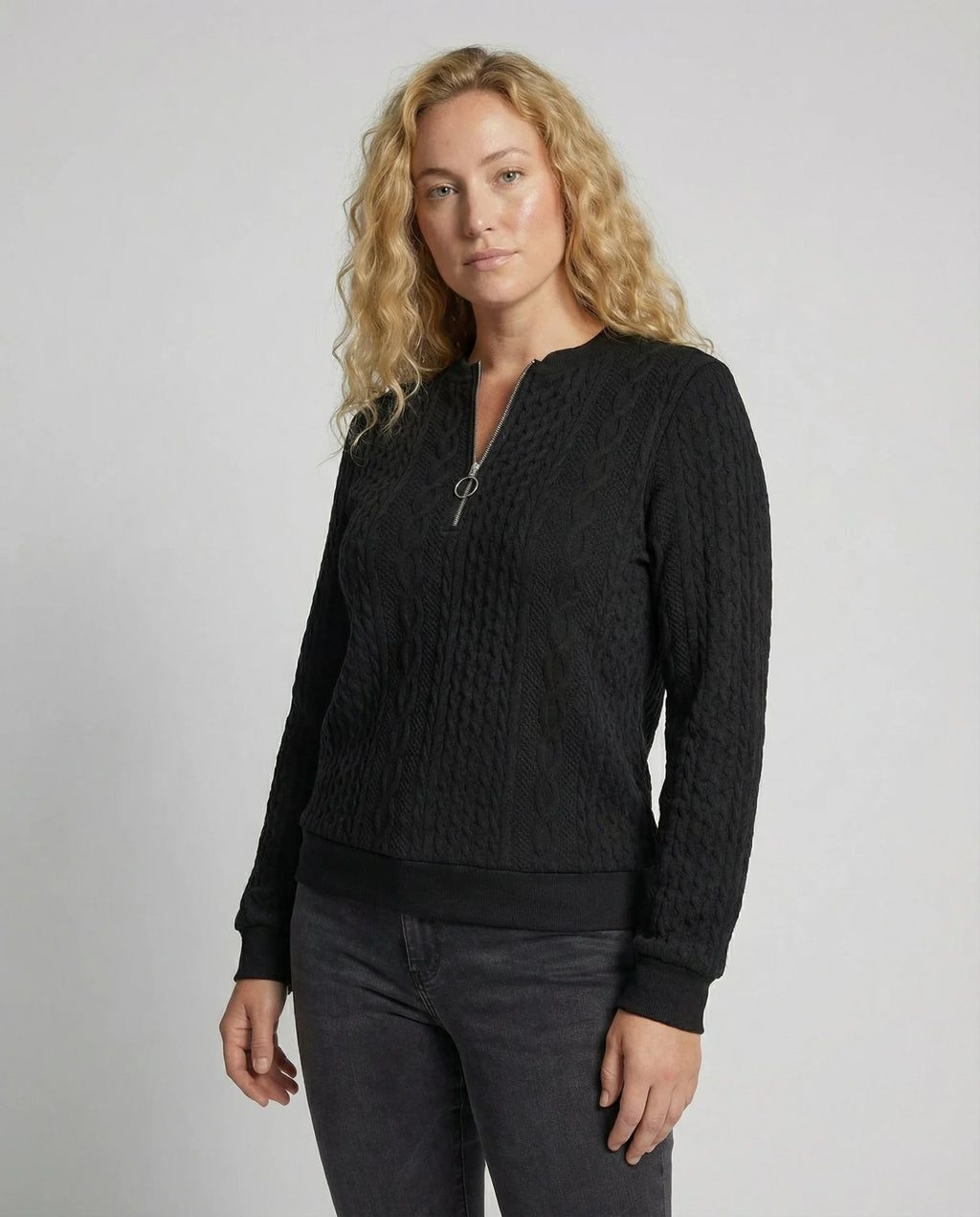 Women's Textured Half-Zip Sweatshirt with Ribbed Cuffs - Studio Front Pose