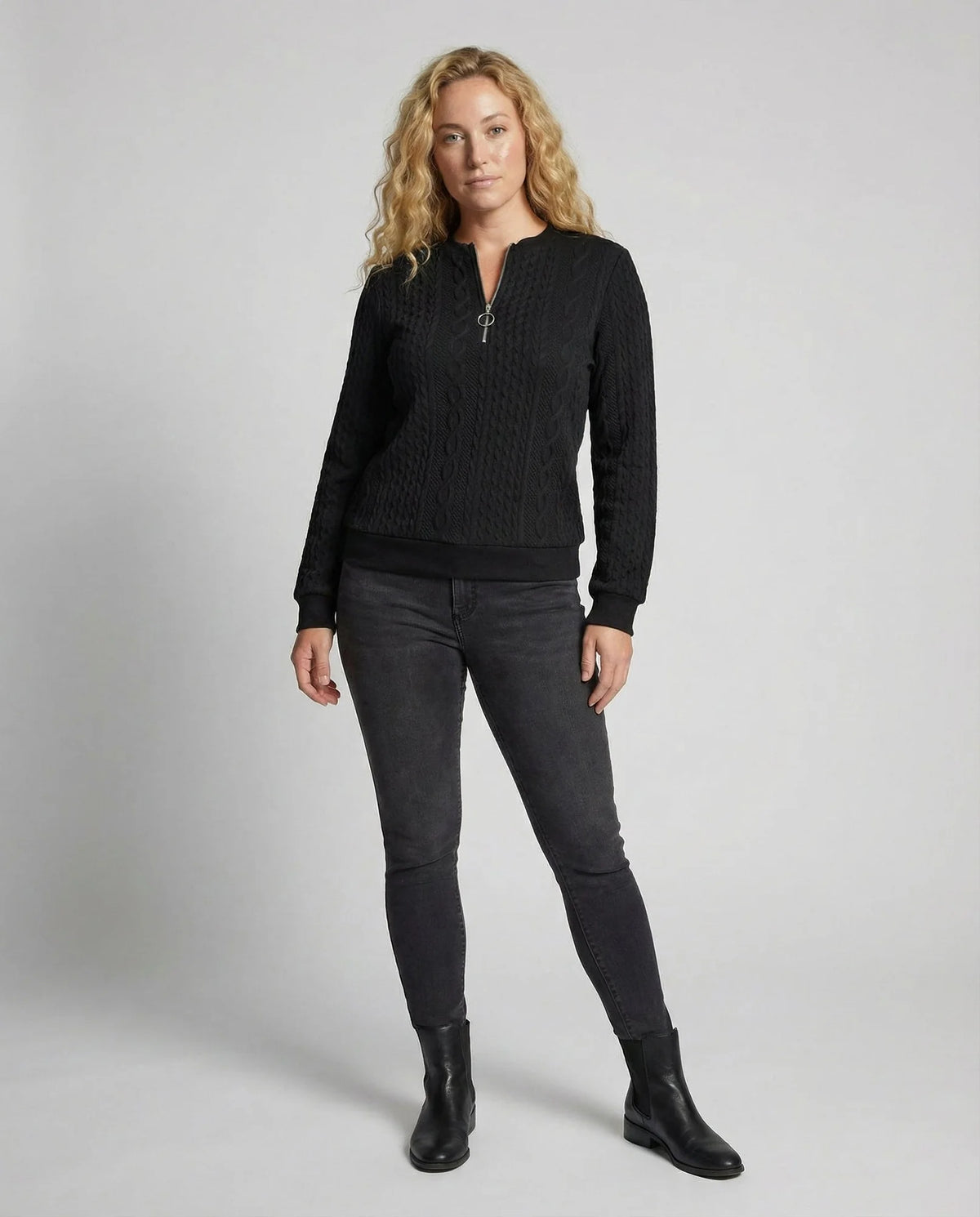 Women's Textured Half-Zip Sweatshirt with Ribbed Cuffs - Studio Full Body