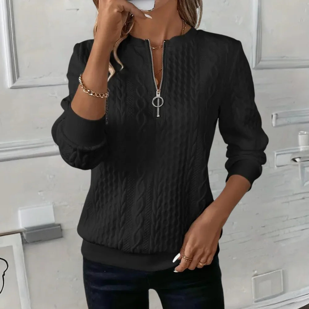 Black Women's Textured Half-Zip Sweatshirt with Ribbed Cuffs