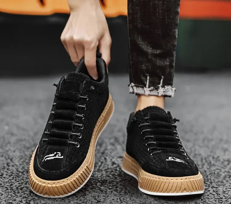 Black Women's Low Top Sneakers with Textured Upper & Contrast Rubber Sole — Monroe - Hand Holding Pair