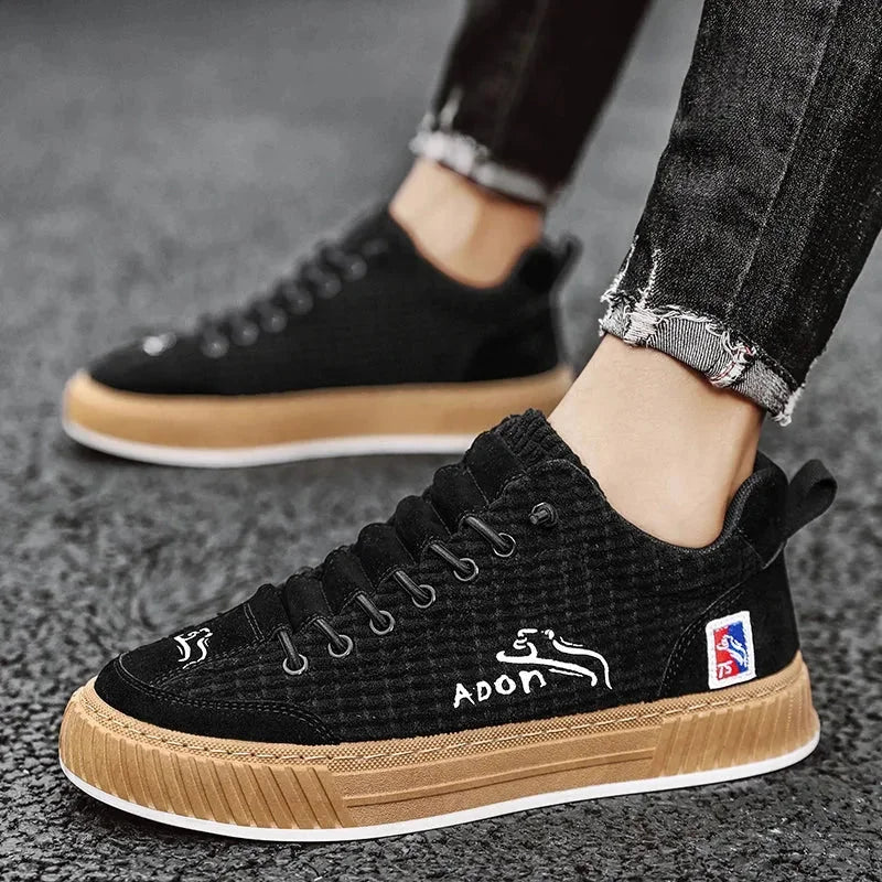 Black Women's Low Top Sneakers with Textured Upper & Contrast Rubber Sole — Monroe - Side Profile Walking