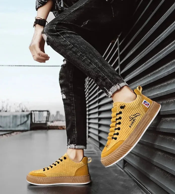 Camel Women's Low Top Sneakers with Textured Upper & Contrast Rubber Sole — Monroe - Seated Side View