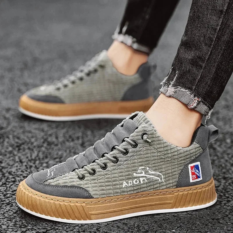Grey Women's Low Top Sneakers with Textured Upper & Contrast Rubber Sole — Monroe - Side Walking
