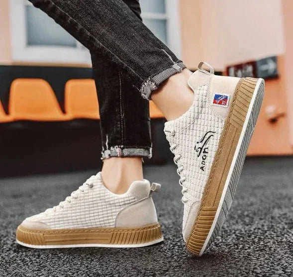 White Women's Low Top Sneakers with Textured Upper & Contrast Rubber Sole — Monroe - Side Pose