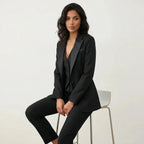Women's Three Piece Blazer Suit with Tailored Vest & Trousers - Seated Side Pose