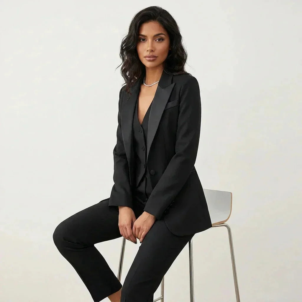 Women's Three Piece Blazer Suit with Tailored Vest & Trousers - Seated Side Pose