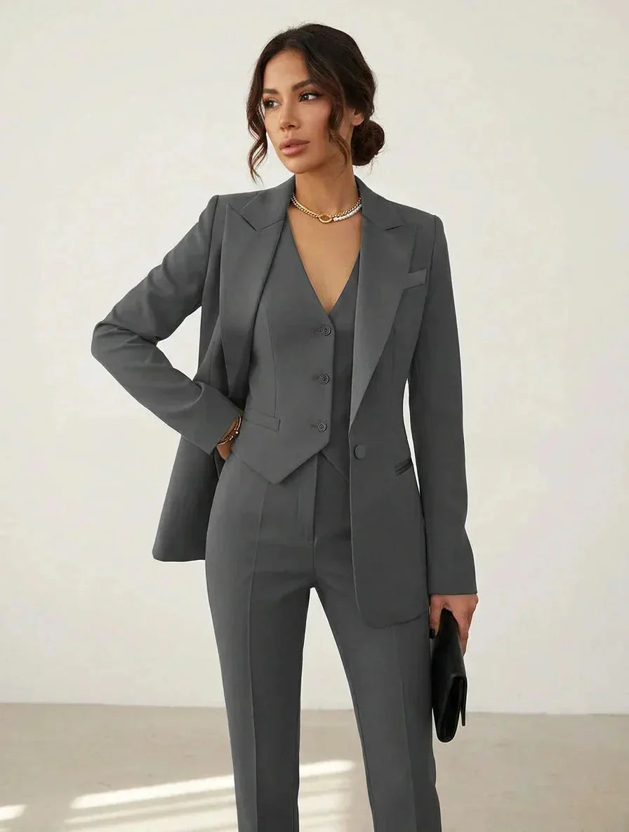 Gray Women's Three Piece Blazer Suit with Tailored Vest & Trousers