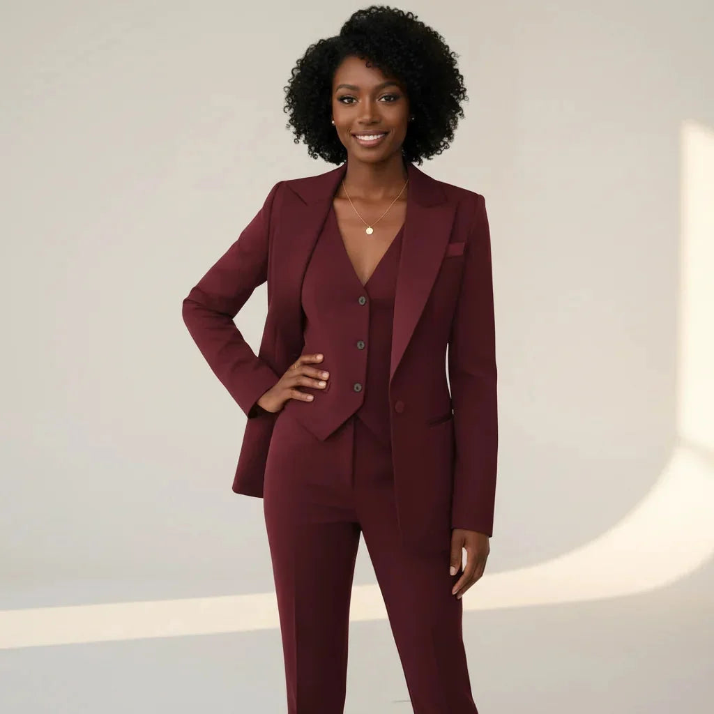 Wine Red Women's Three Piece Blazer Suit with Tailored Vest & Trousers