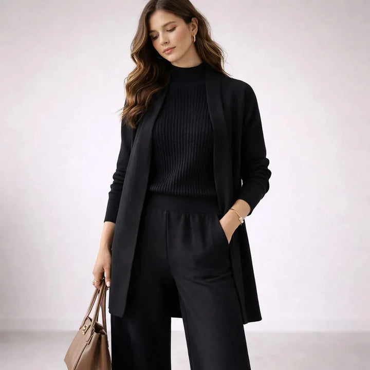 Black Women's Three Piece Lounge Set with Ribbed Mock-Neck Top & Relaxed Pants — Blakely