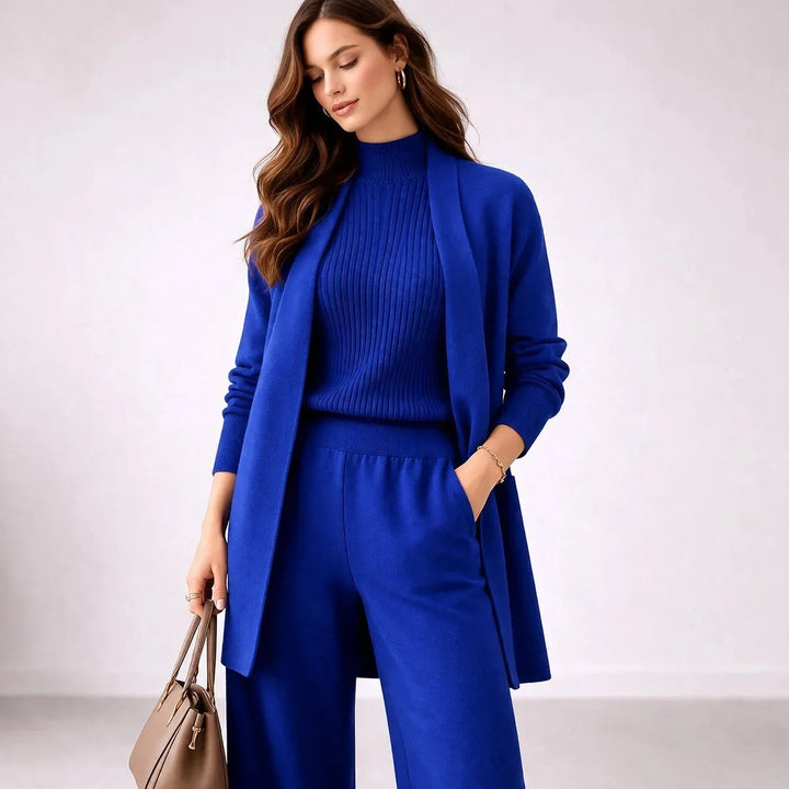 Blue Women's Three Piece Lounge Set with Ribbed Mock-Neck Top & Relaxed Pants — Blakely