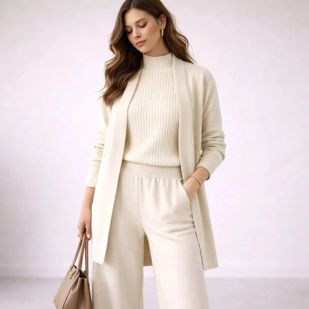 White Women's Three Piece Lounge Set with Ribbed Mock-Neck Top & Relaxed Pants — Blakely