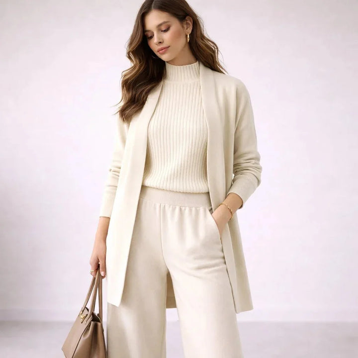White Women's Three Piece Lounge Set with Ribbed Mock-Neck Top & Relaxed Pants — Blakely