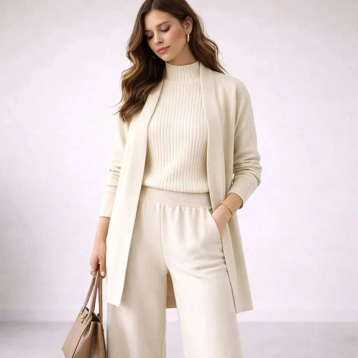 White Women's Three Piece Lounge Set with Ribbed Mock Neck & Relaxed Fit