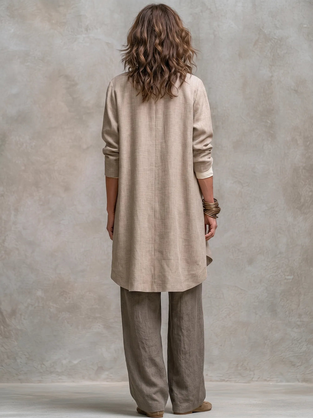 Taupe Women's Three Piece Wide Leg Suit Set with Draped Duster Jacket - Back Full