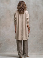 Taupe Women's Three Piece Wide Leg Suit Set with Draped Duster Jacket - Back Full