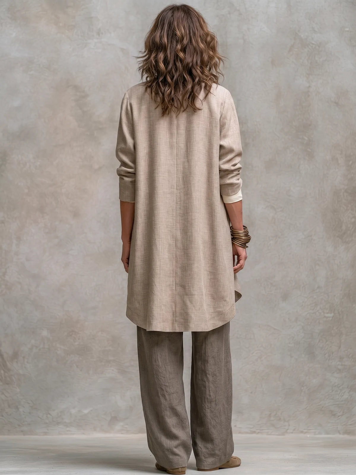 Taupe Women's Three Piece Wide Leg Suit Set with Draped Duster Jacket - Back Full