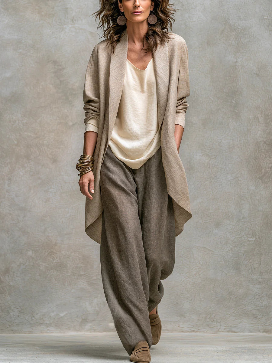 Taupe Women's Three Piece Wide Leg Suit Set with Draped Duster Jacket