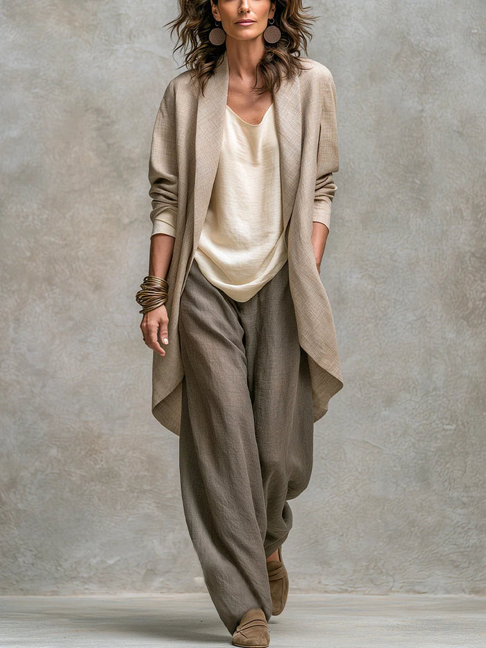 Taupe Women's Three Piece Wide Leg Suit Set with Draped Duster Jacket