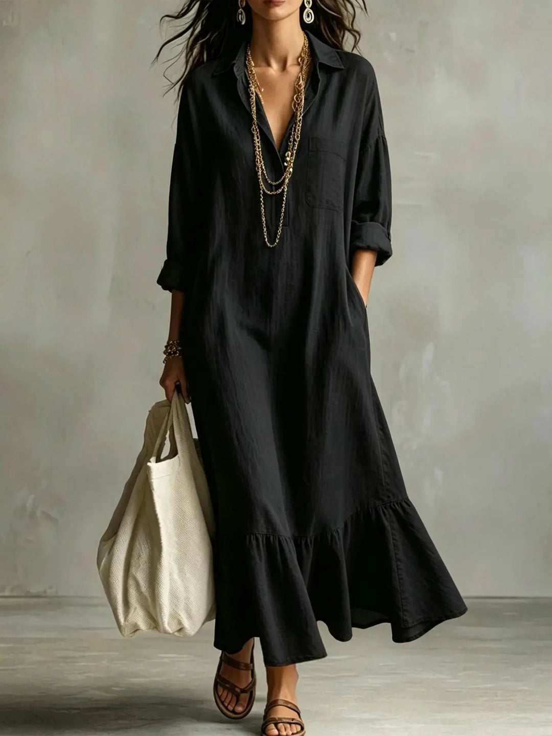 Black Women's Tiered Maxi Dress with Relaxed Fit & Ruffle Hem