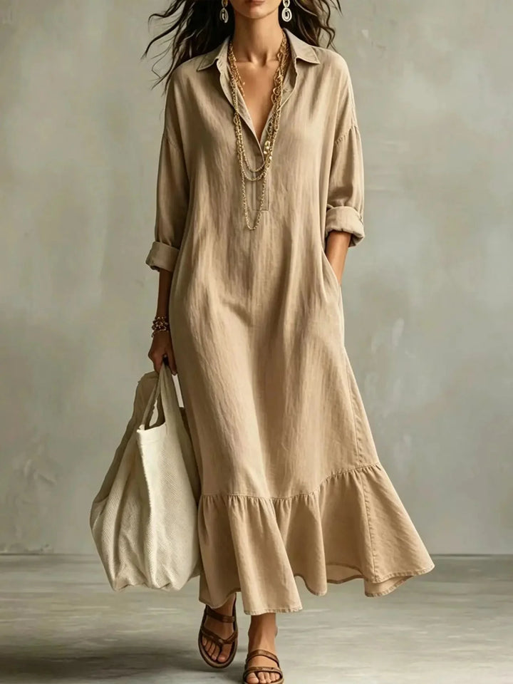 Khaki Women's Tiered Maxi Dress with Relaxed Fit & Ruffle Hem