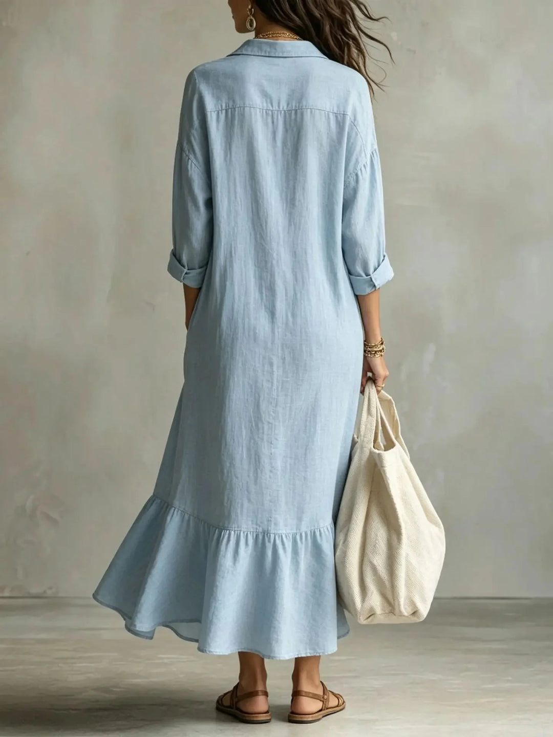 Sky Blue Women's Tiered Maxi Dress with Relaxed Fit & Ruffle Hem — Madison - Back Full