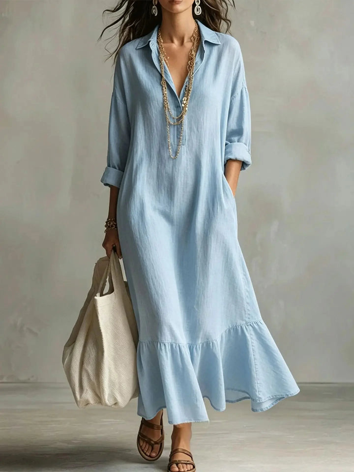 Sky Blue Women's Tiered Maxi Dress with Relaxed Fit & Ruffle Hem